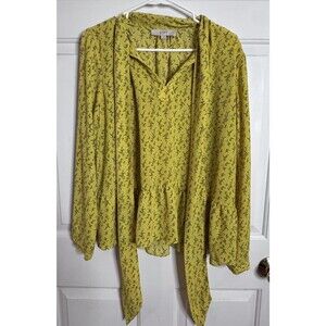 Loft Yellow Floral Tie Neck Peplum Long Sleeve Blouse Size Large